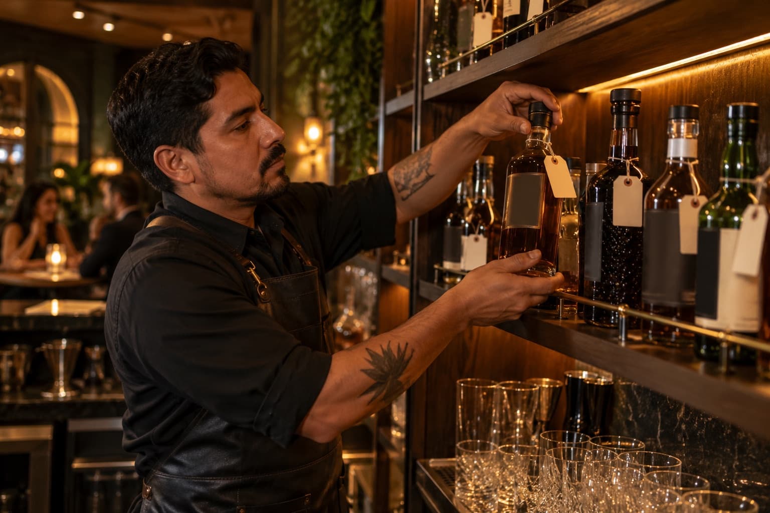 Bartender guardando la botella de un cliente en una repisa reservada