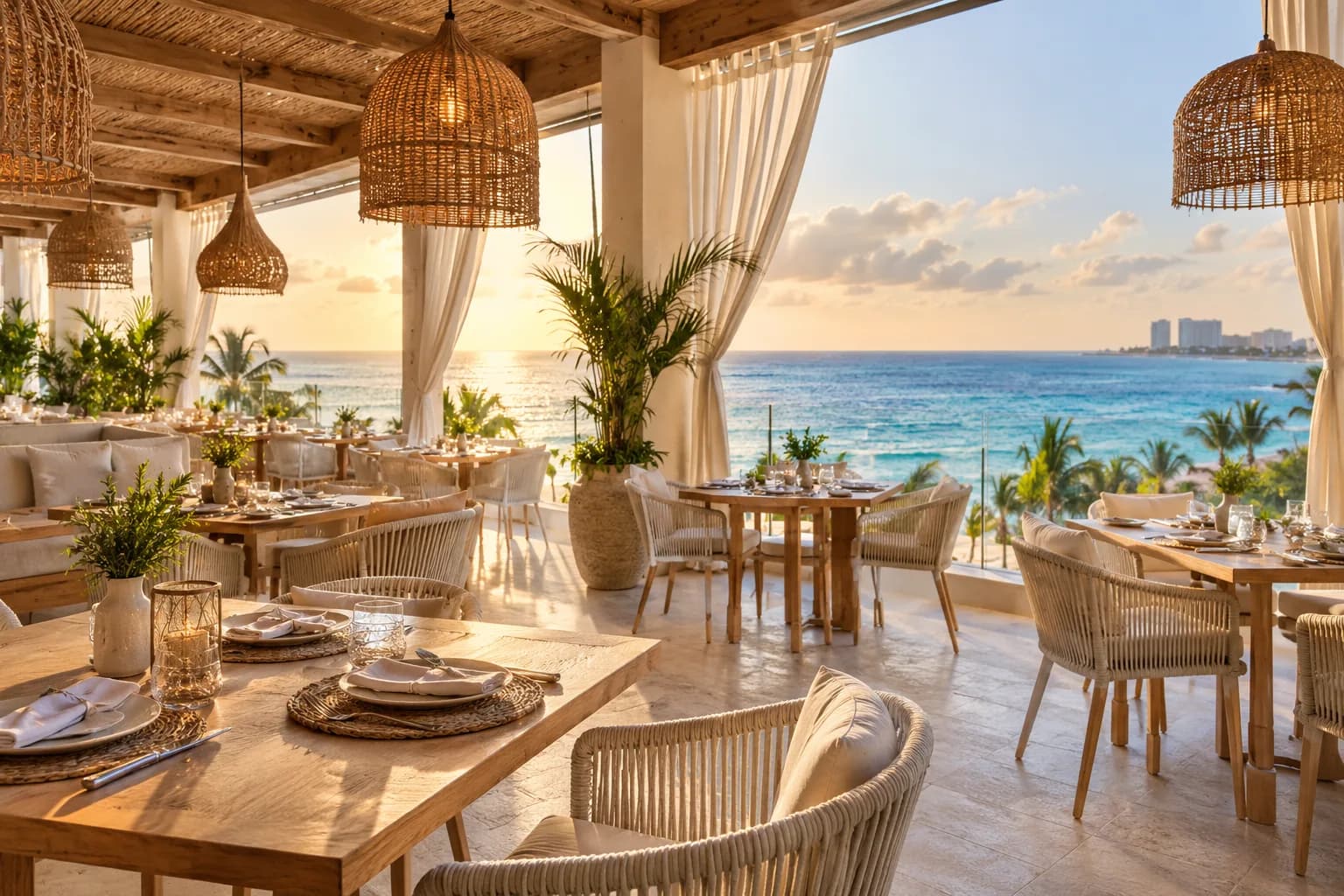 Terraza de un restaurante frente al mar al atardecer