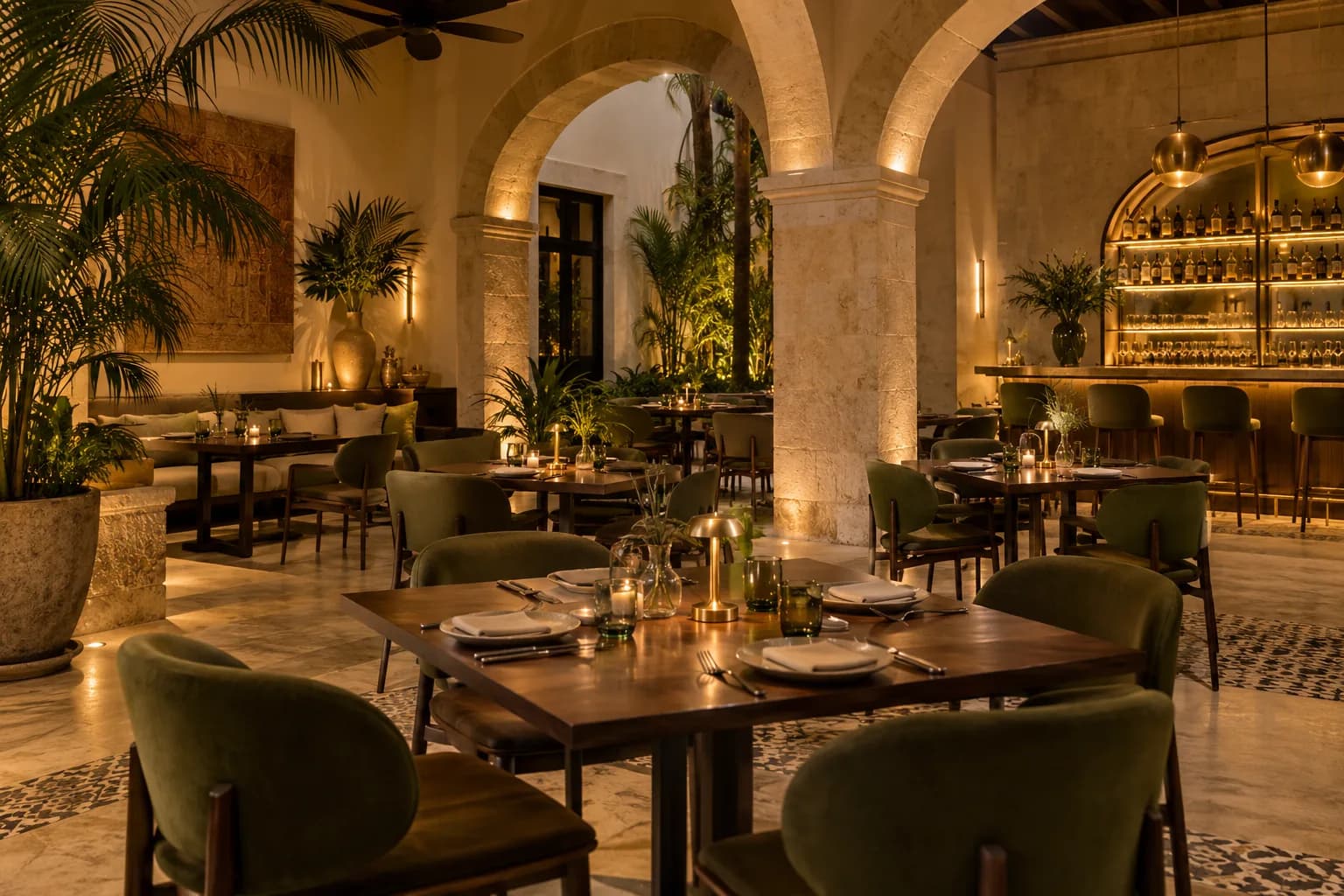 Interior cálido de un restaurante con barra y mesas