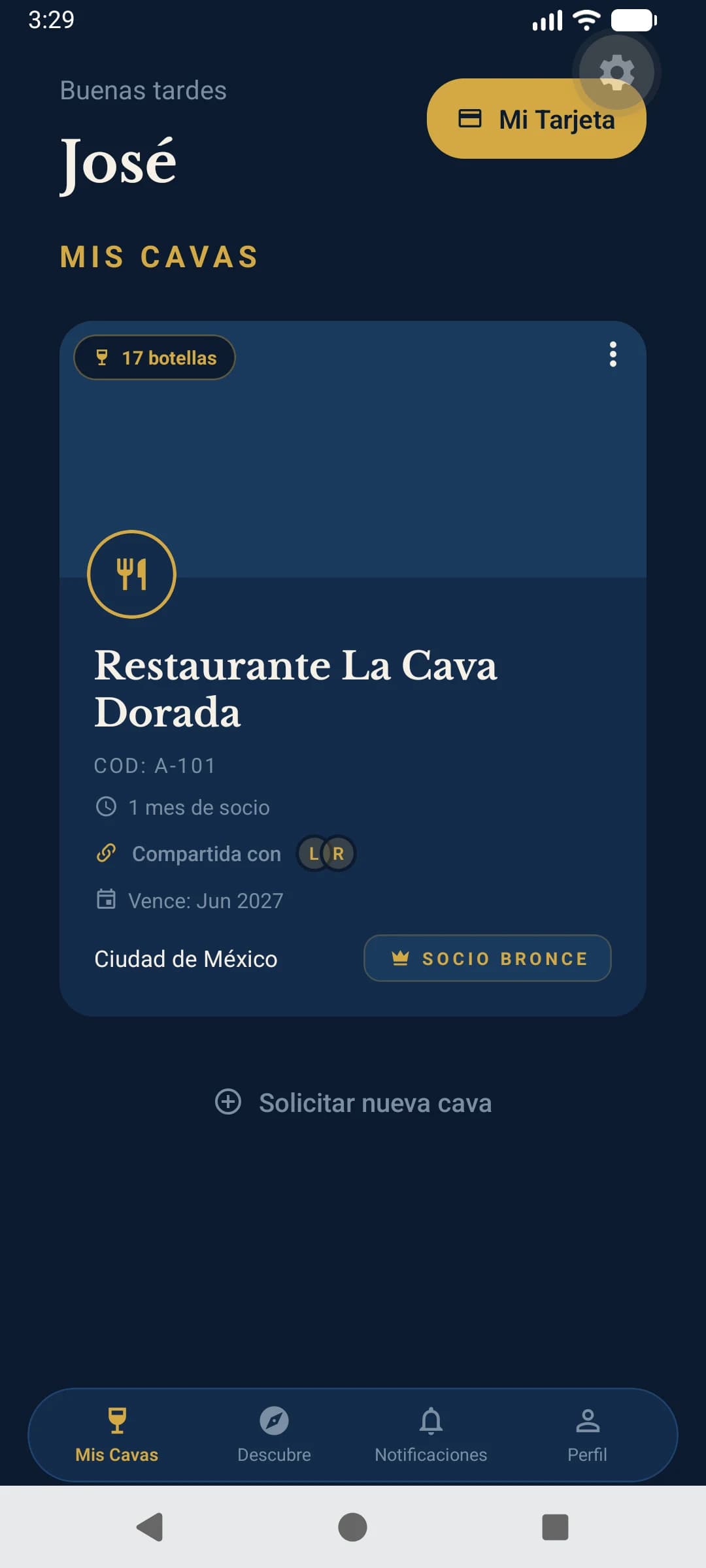 Vista de demostración del inicio de la app del socio