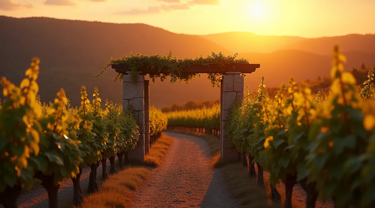 Racimos de uva Albariño en emparrado tradicional de Rías Baixas Galicia