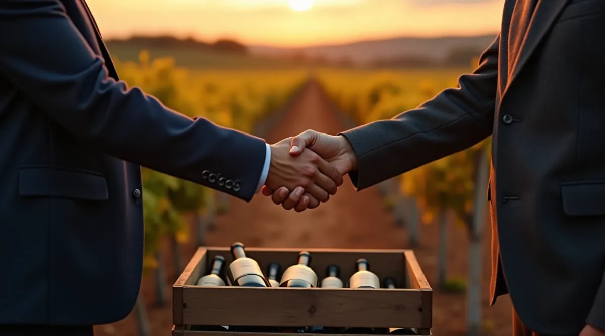 Restaurantero y productor de vino estrechando manos en viñedo