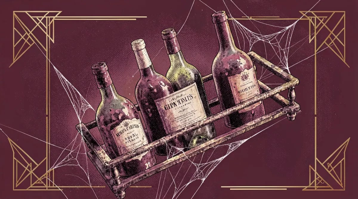 Botellas de grandes añadas de Bordeaux y Borgoña alineadas con etiquetas de año