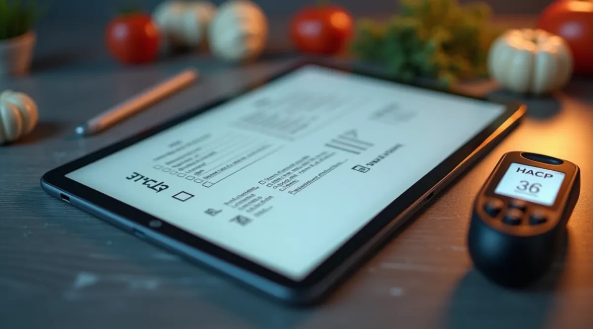 Chef usando app de control de calidad HACCP en cocina