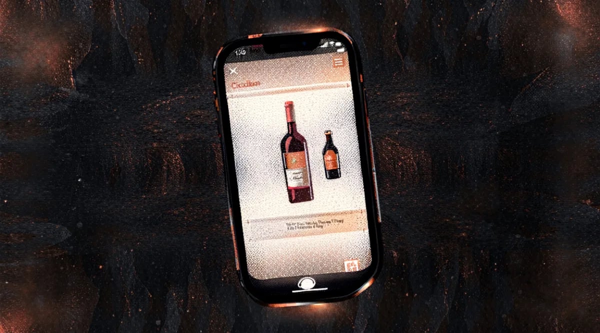 Mano sosteniendo celular con app de gestión de cava mostrando inventario de botellas del socio