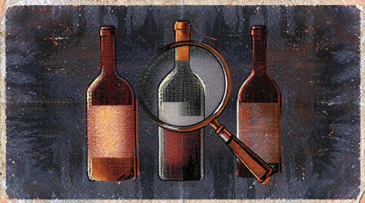 Pantalla de celular mostrando una app de inventario de vinos con lista de botellas y conteos