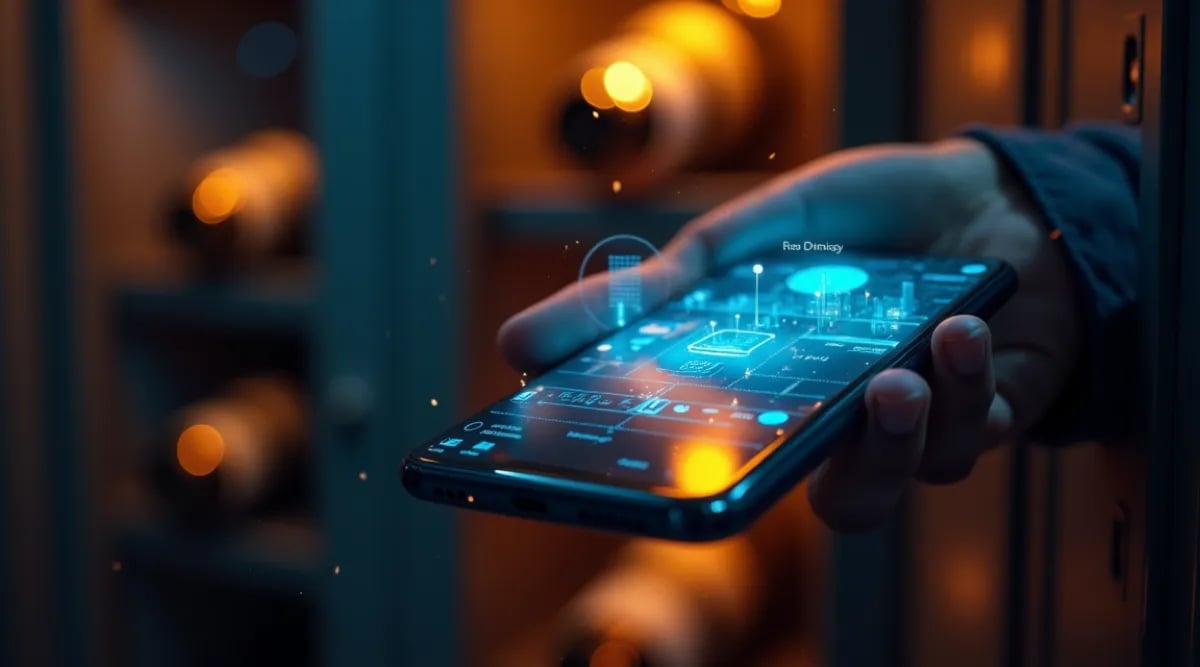 Mockup de app móvil mostrando inventario de cava privada en smartphone
