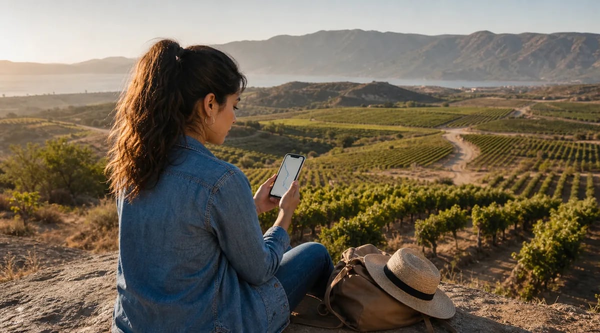 Viajera consultando una ruta de bodegas en el teléfono frente a viñedos de Baja California