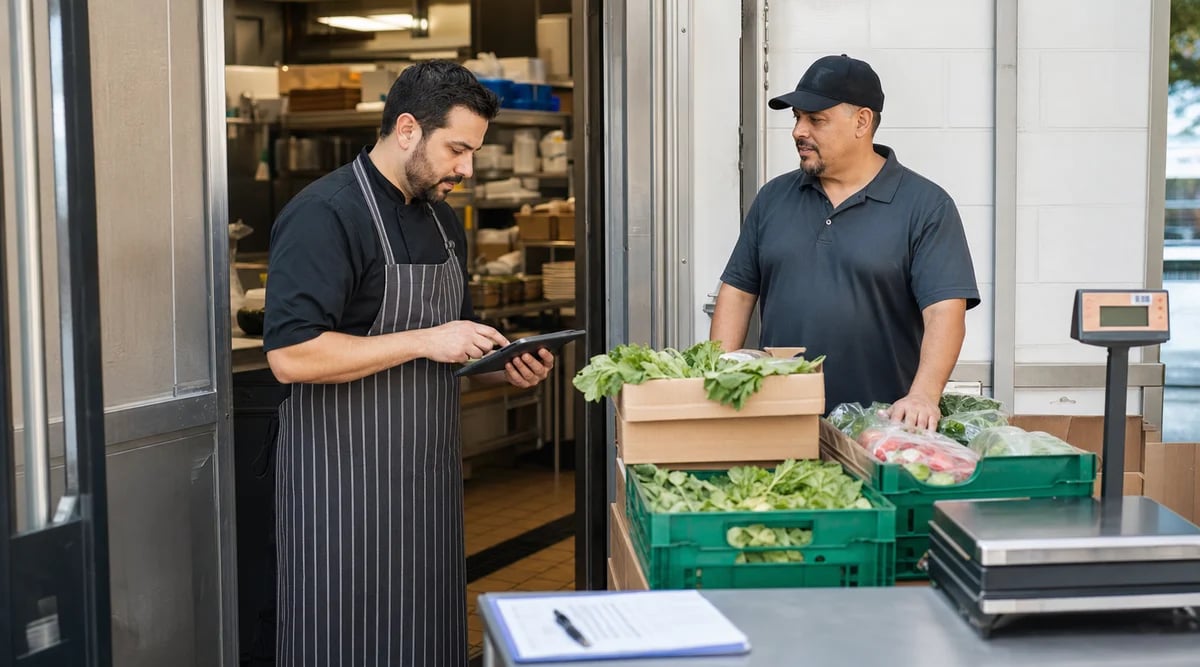 Encargado de restaurante verifica una entrega con una orden de compra digital