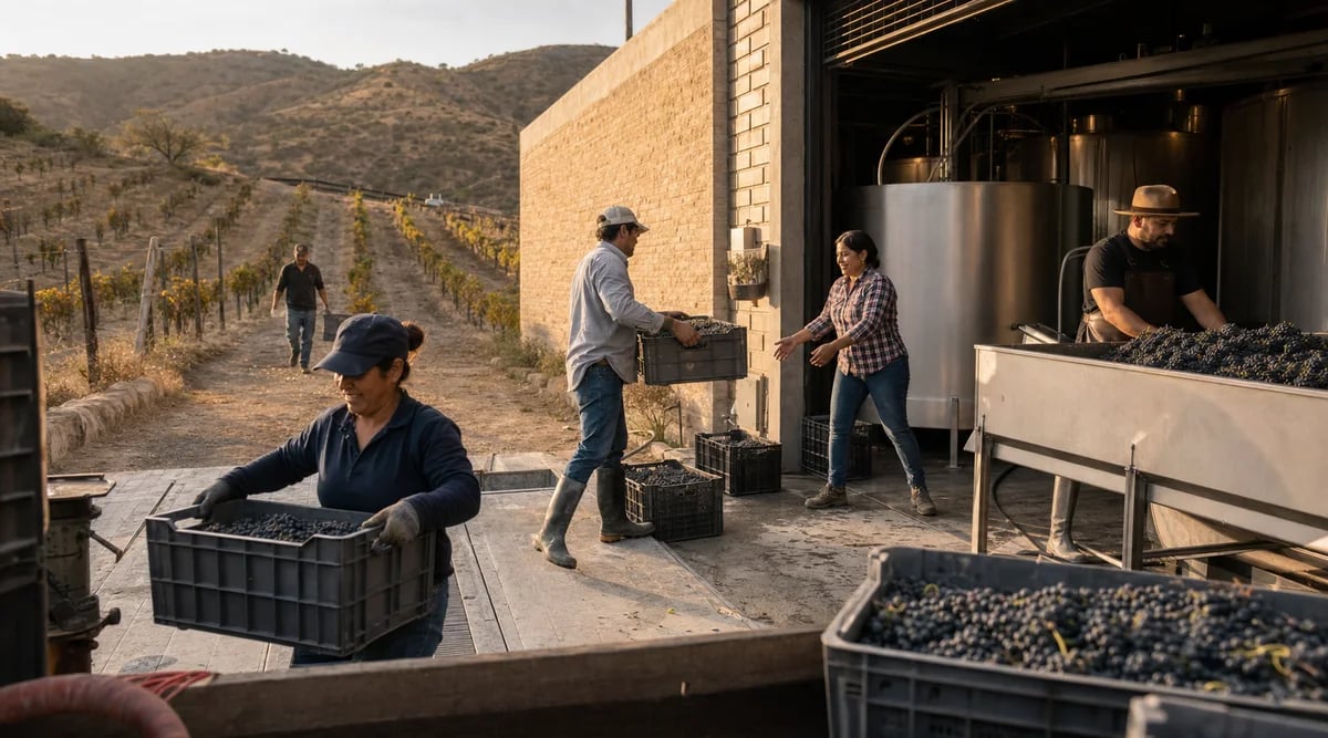 Equipo recibe uva durante una vendimia en una pequeña bodega mexicana