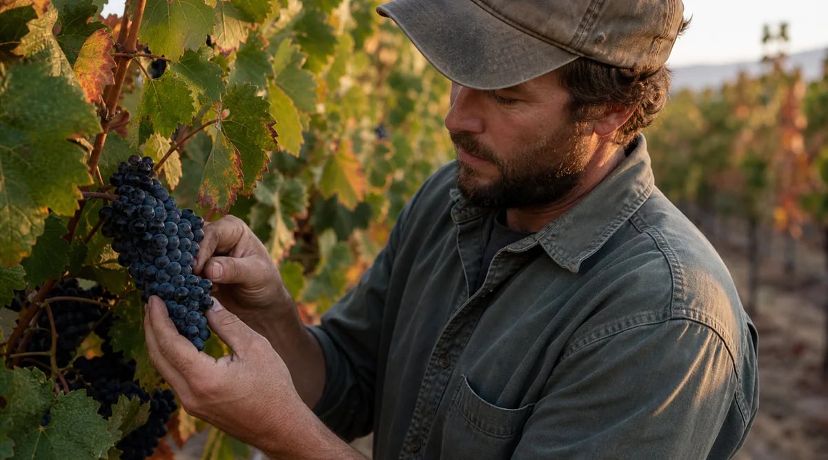 Viticultor examina un racimo maduro de Cabernet Sauvignon en el viñedo
