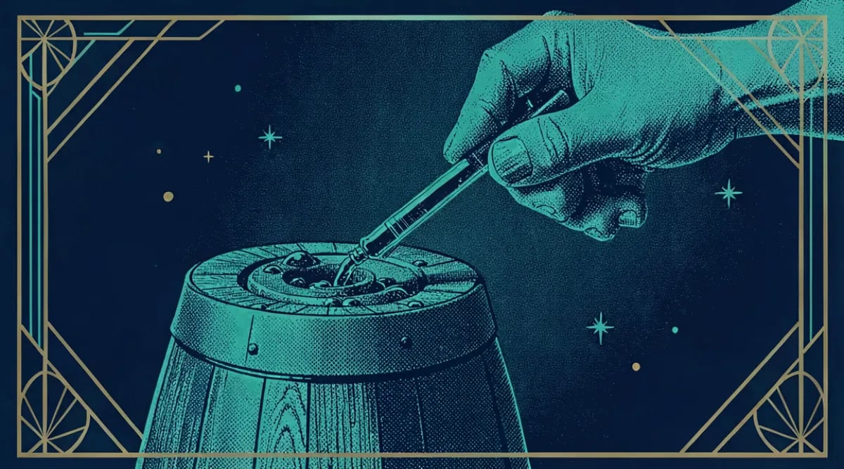 Ilustración editorial de a trophy cup made of wine bottle silhouette with golden stars - estrategia de negocio