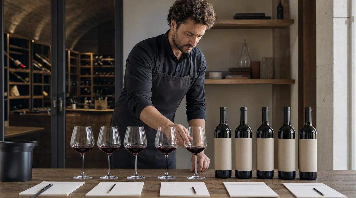 Sommelier prepara una cata comparativa con botellas anónimas y copas idénticas