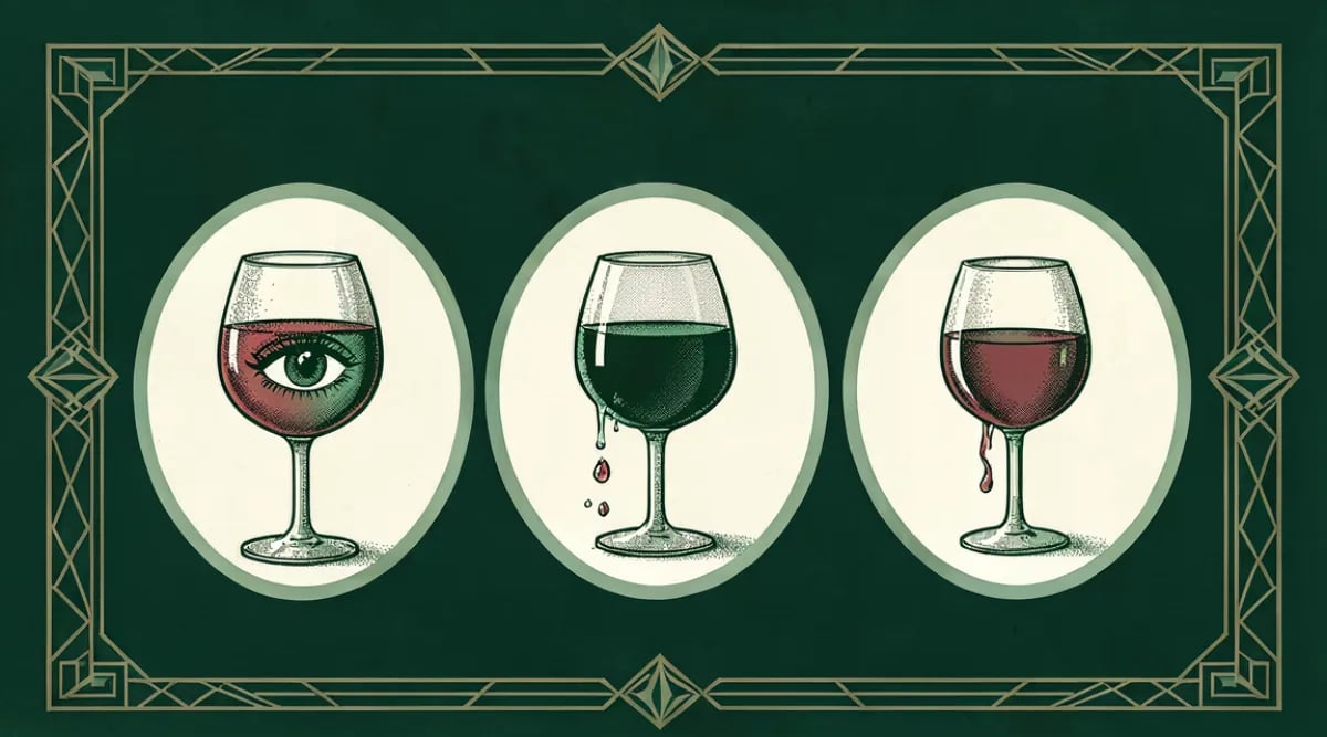Persona inclinando copa de vino sobre fondo blanco durante cata profesional