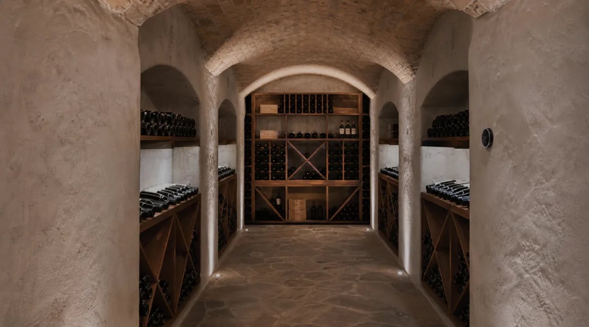 Cava subterránea terminada con estanterías de madera y control ambiental