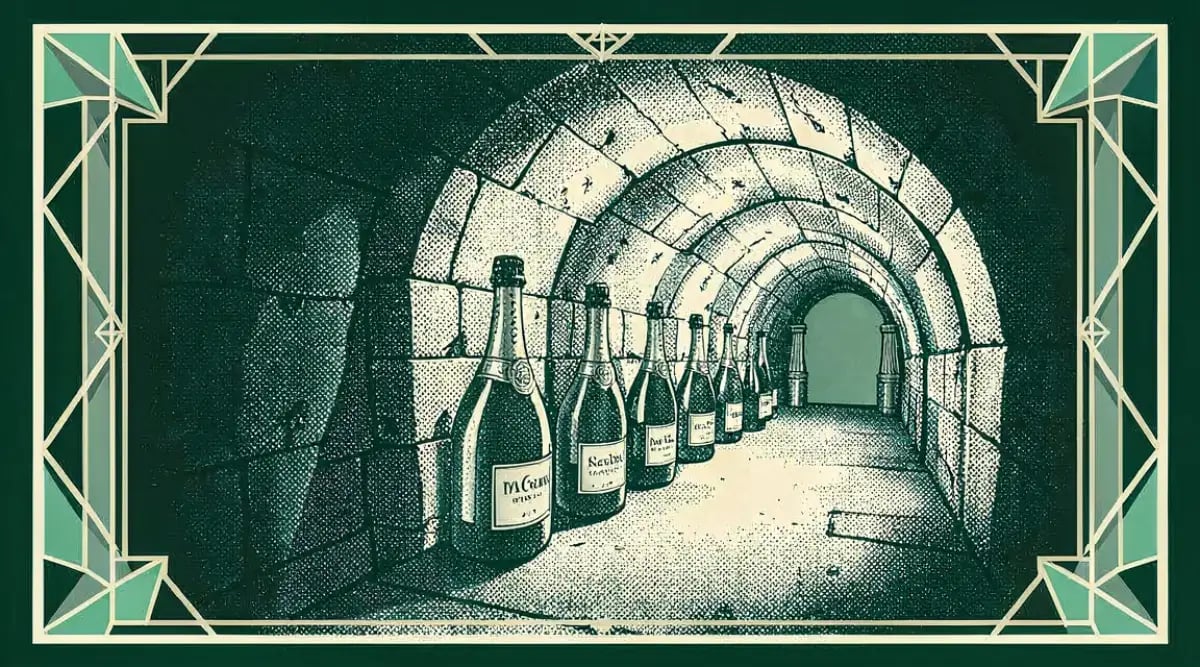 Botellas de Dom Pérignon y Krug en cava subterránea con iluminación tenue