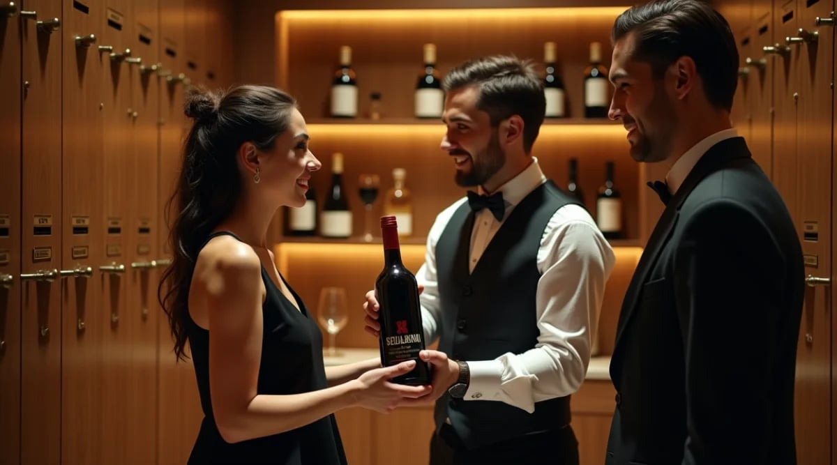 Sommelier mostrando una cava privada de restaurante a una pareja de potenciales socios fundadores con copas en mano