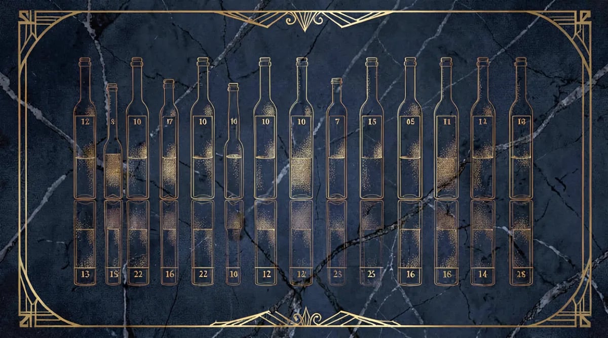 Personal comparando inventario digital en tablet con botellas físicas en estante