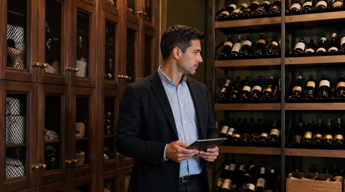 Gerente entre lockers de una cava privada y racks de la bodega de un restaurante
