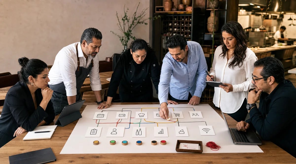 Equipo de restaurante diseñando un mapa gobernado de capacidades, datos, responsables y errores