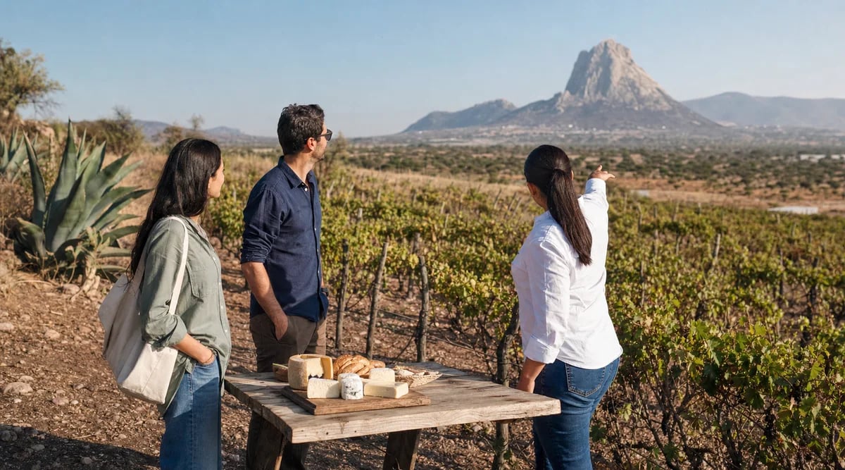 Viajeros adultos recorren un viñedo queretano con quesos locales y Peña de Bernal al fondo