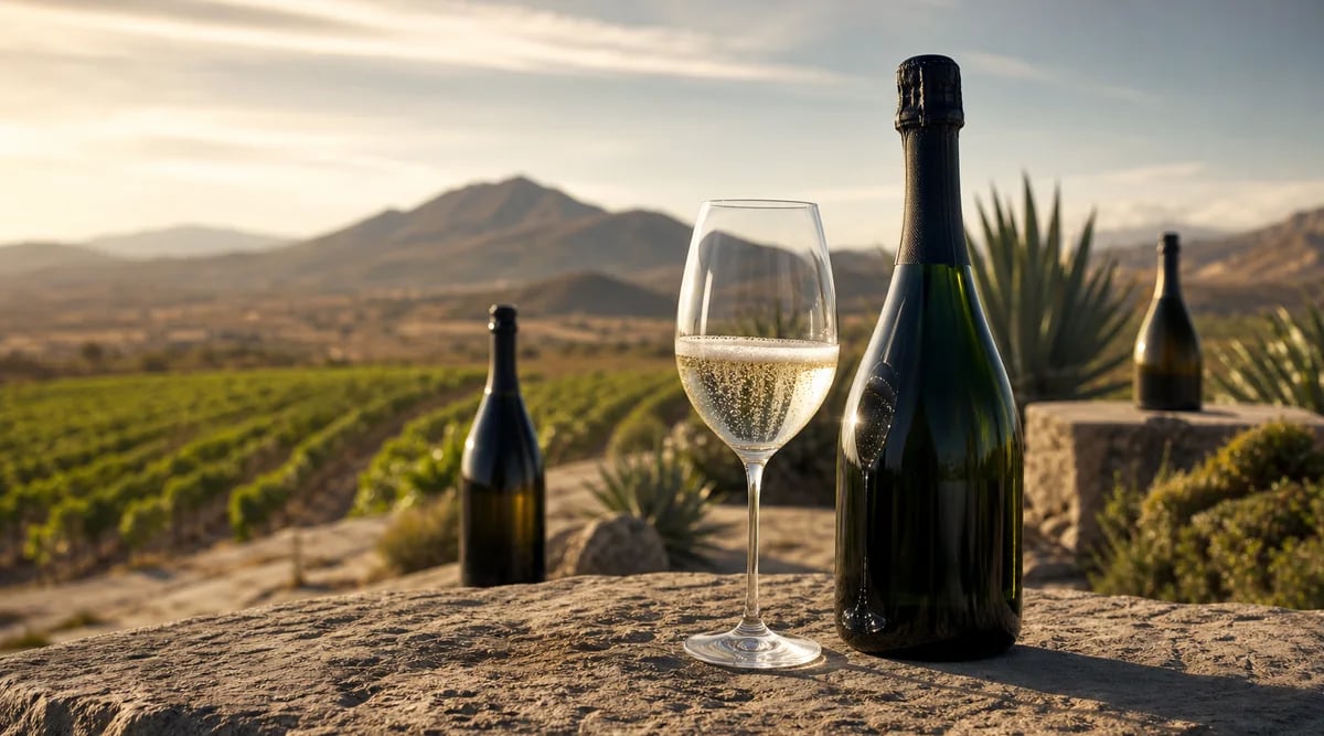Copa y botellas de espumoso sin etiqueta frente a un viñedo mexicano de paisaje semidesértico