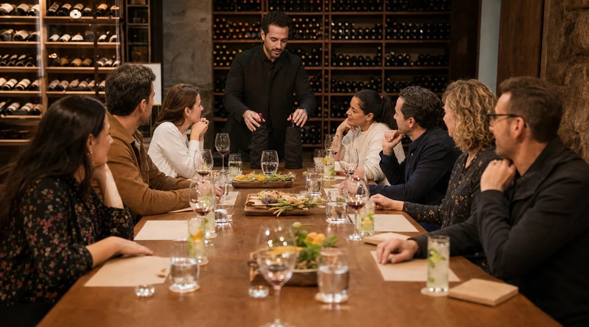 Sommelier guiando una experiencia educativa para socios con agua y alternativas sin alcohol en la mesa