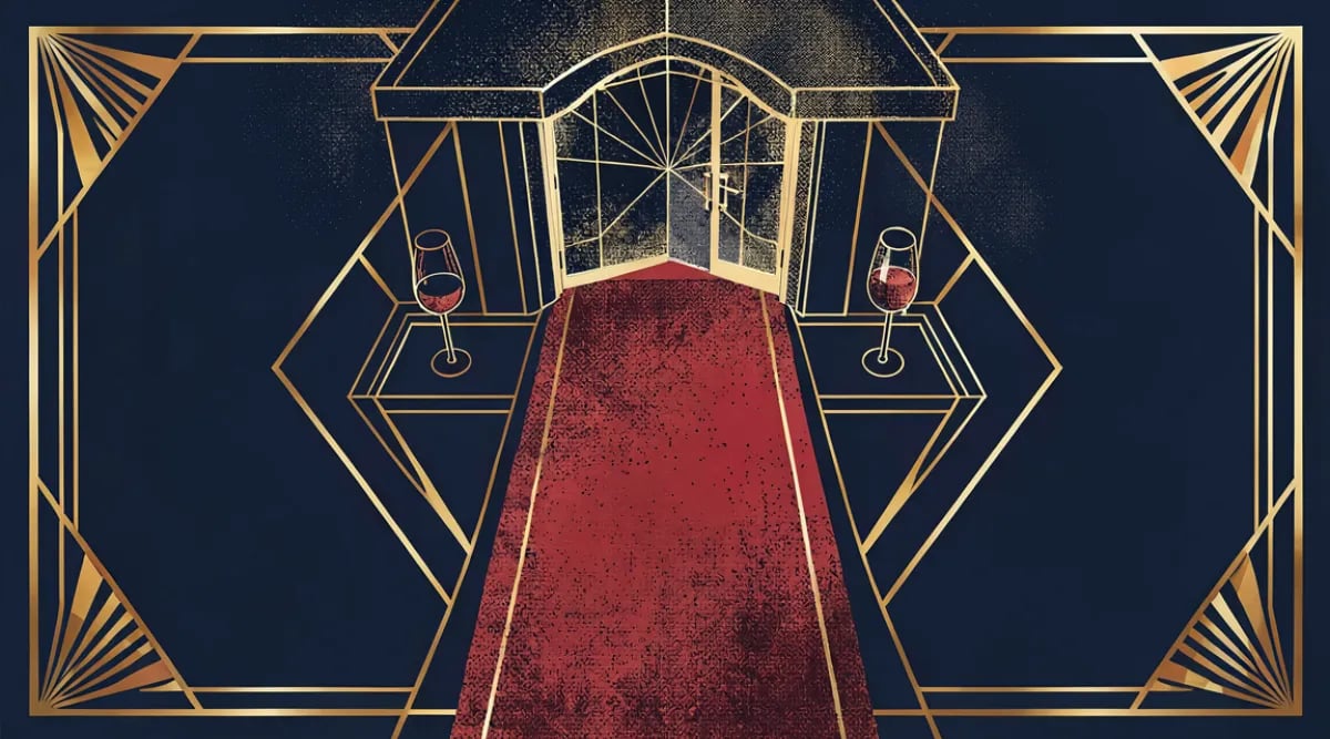 Evento exclusivo de cata en cava privada con iluminación dorada y socios brindando