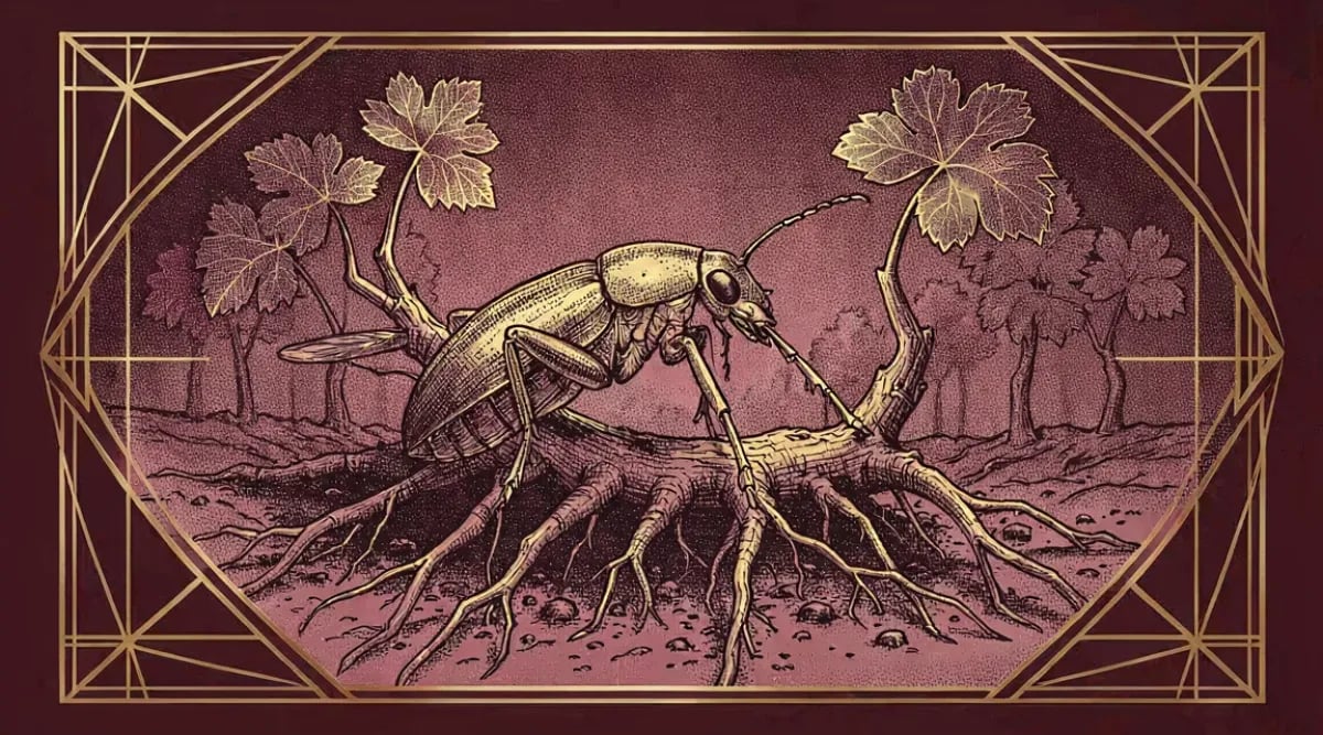 Ilustración histórica de la filoxera devastando viñedos europeos en el siglo XIX