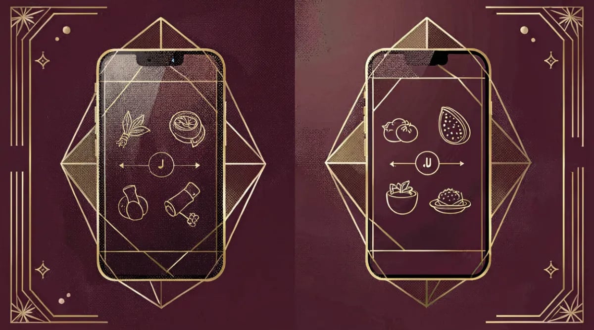 Smartphone mostrando app de maridaje de vinos junto a copa de vino tinto