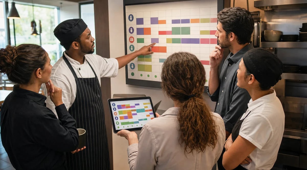 Equipo de restaurante revisando de forma colaborativa un calendario digital de turnos sin datos personales visibles