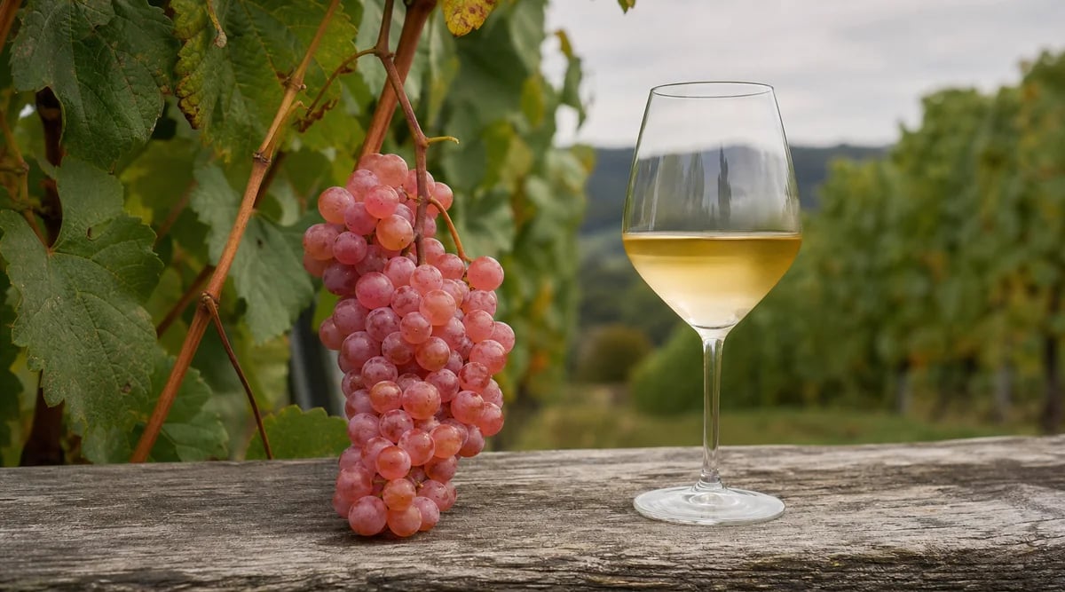 Racimo rosado de Gewürztraminer junto a una copa de vino blanco