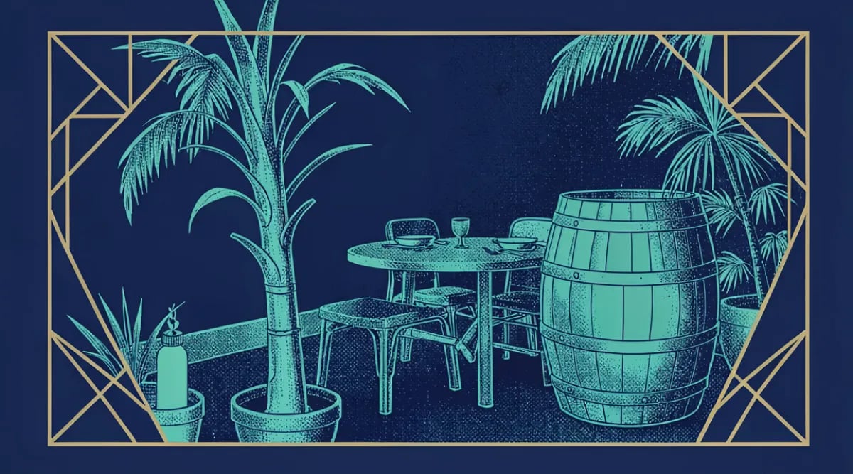 Copa de vino sobre barra de restaurante fine dining con luz cálida de tarde