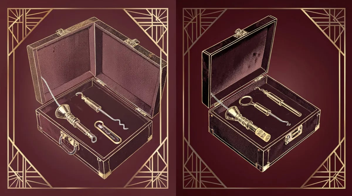 Kit sommelier profesional desplegado sobre mesa de servicio con sacacorchos, termómetro y tastevin