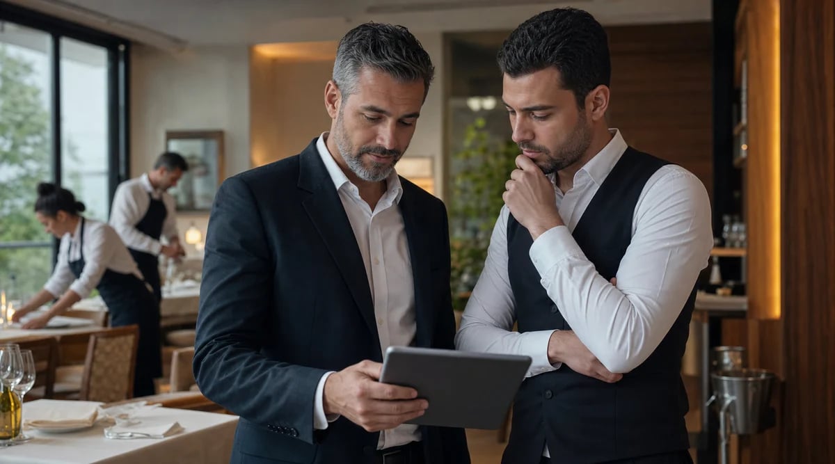 Gerente revisa un resumen de servicio asistido por IA antes de abrir el restaurante