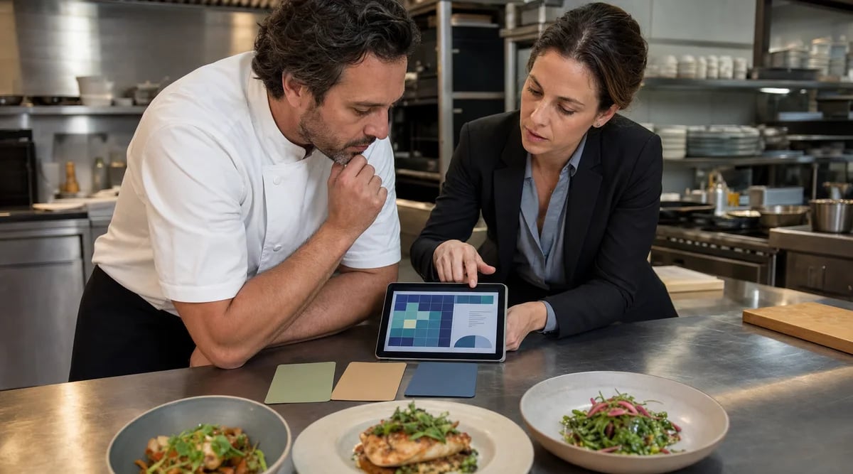 Chef y gerente revisan platillos y un análisis abstracto de demanda en una tableta