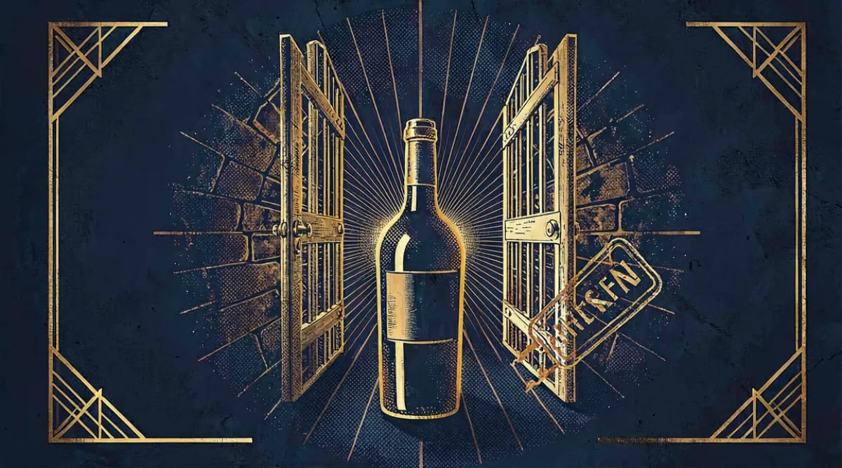 Manos escaneando código QR de botella de vino durante recepción en cava