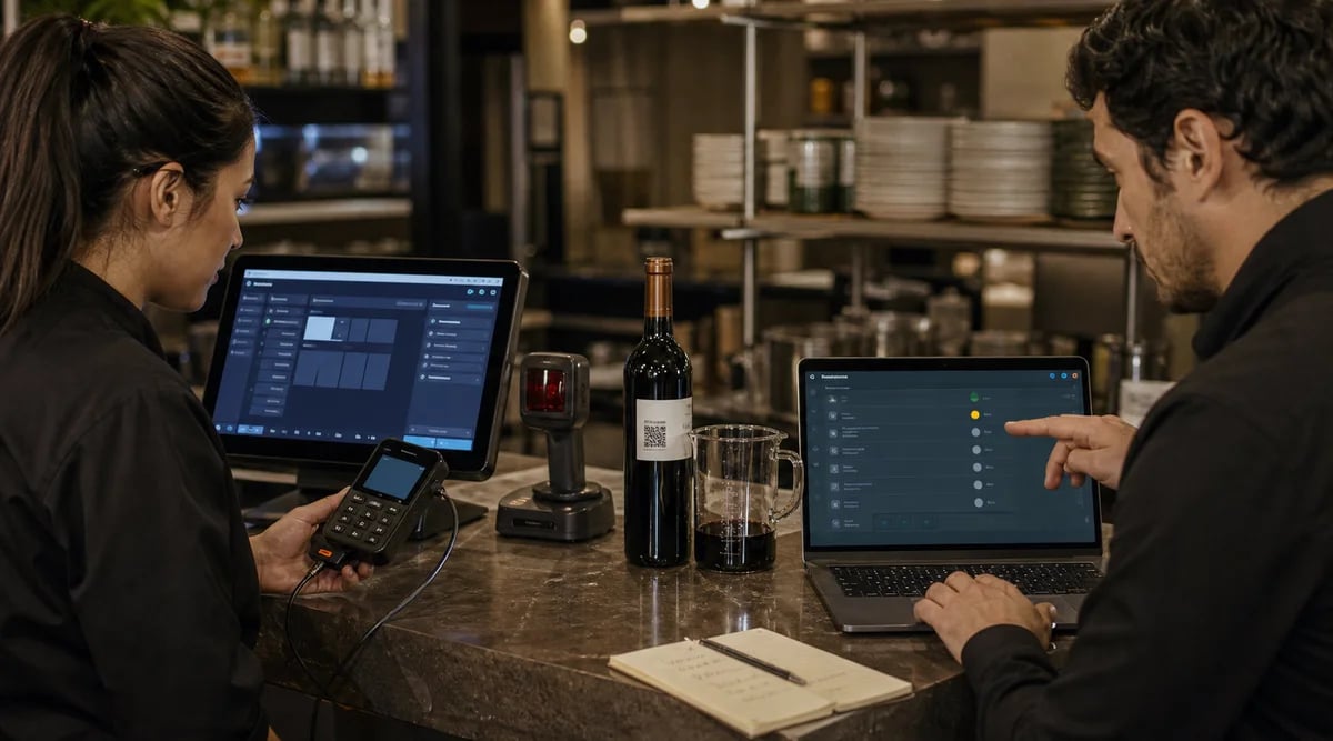 Equipo prueba un POS con una botella individual, vino por copa y una cola de integración