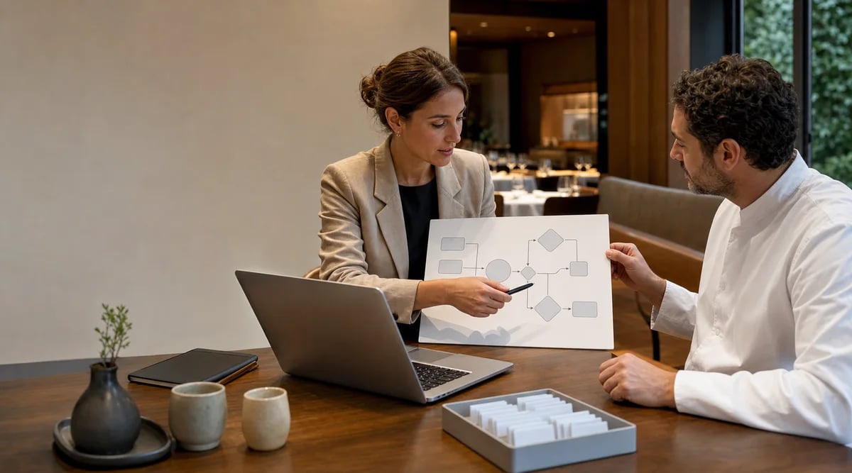 Gerente y chef revisan el flujo de datos elegibles hacia una campaña de CRM