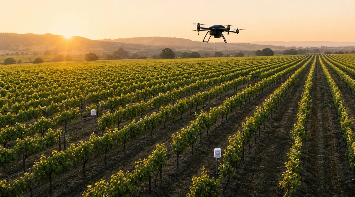 Viñedo moderno con drones y sensores IoT monitoreando las vides al atardecer