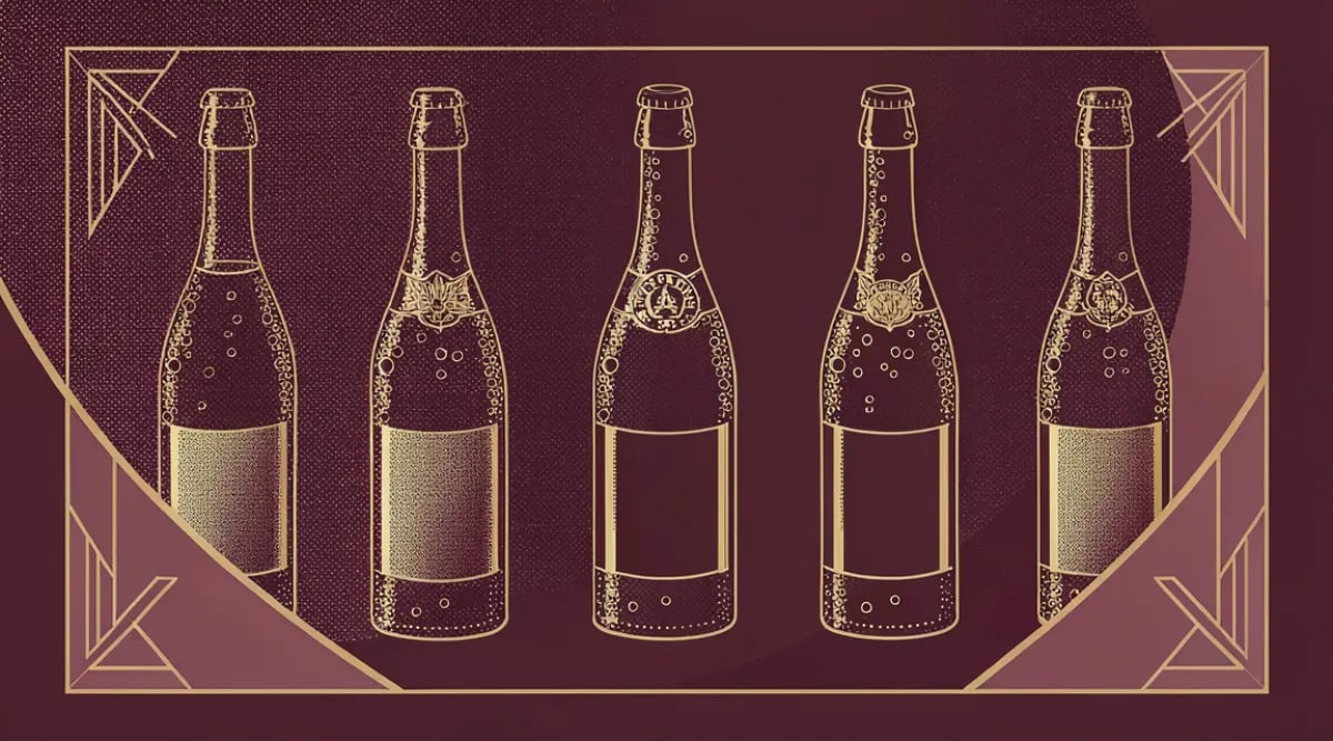 Mesa de Año Nuevo con copas de espumoso, platos de cena y botellas de Champagne y Cava