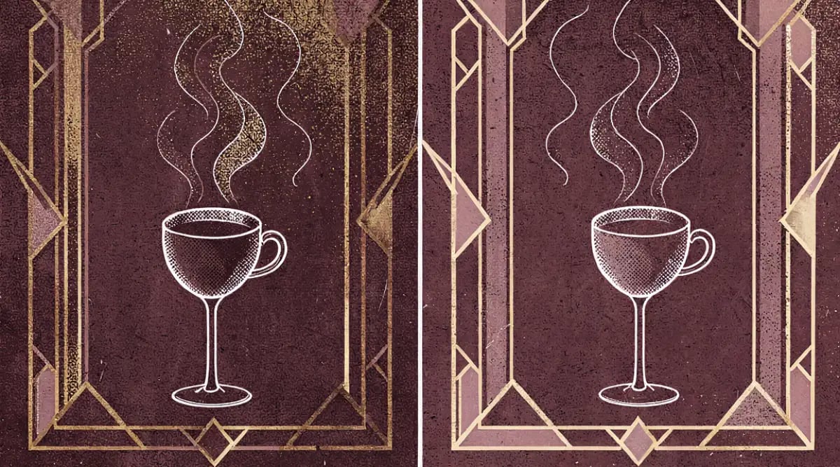 Taza de café espresso y copa de vino de postre en mesa de sobremesa elegante