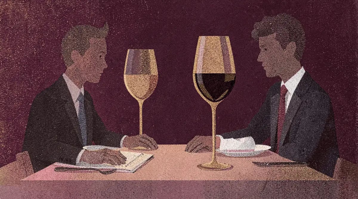 Copa de vino tinto junto a carpeta de negocios en mesa de restaurante fine dining