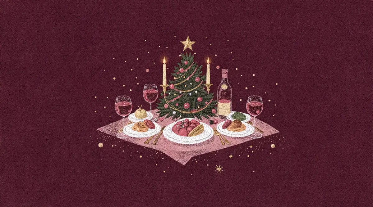 Mesa navideña mexicana con botellas de vino tinto y blanco junto a platillos tradicionales
