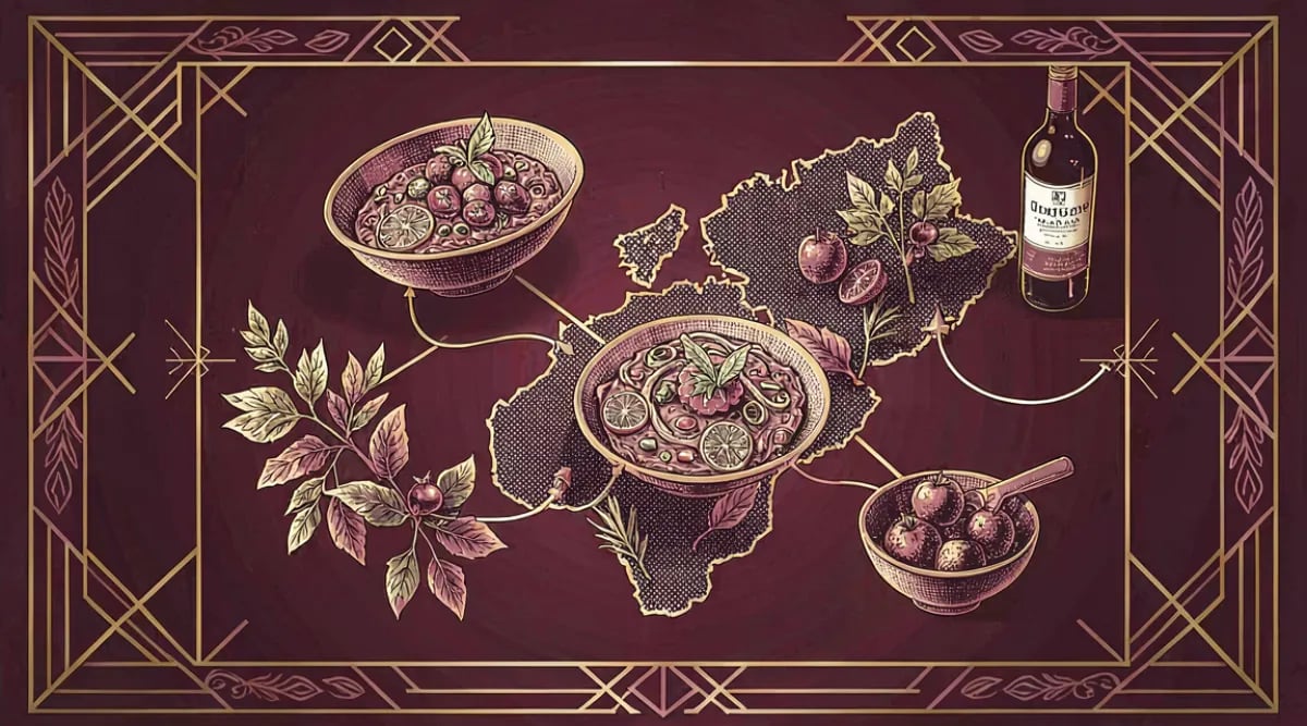 Mapa con regiones vinícolas y gastronomía local conectadas