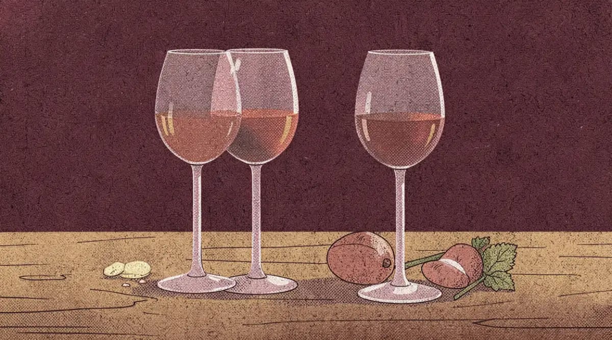 Dos copas de vino espumoso rosé brindando en una mesa con velas para San Valentín