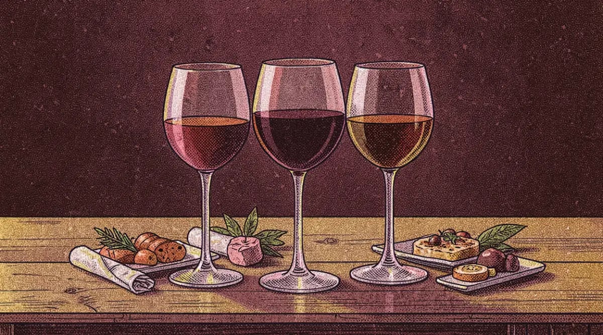 Mesa de botanas de Super Bowl con copas de vino tinto y rosado entre amigos