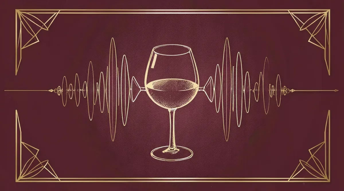 Copa de vino tinto con ondas sonoras representando maridaje musical