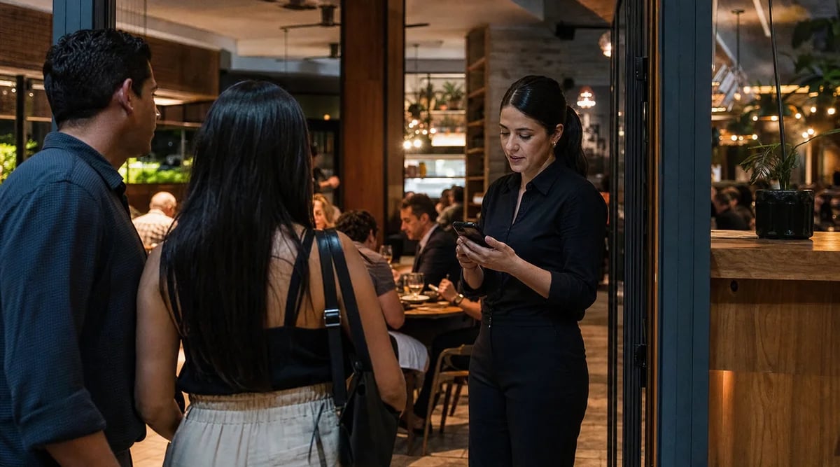 Anfitriona confirma una reserva digital en la entrada de un restaurante durante el servicio