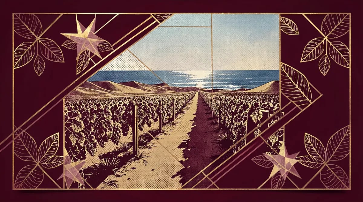 Vista panorámica de viñedo mexicano al atardecer con botella de vino en primer plano